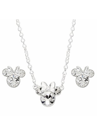 Disney Minnie Mouse Silver Plated Crystal Necklace & Stud Earring Set