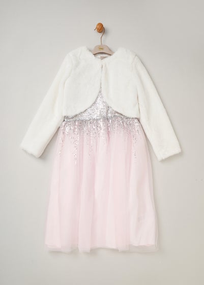 Miss Soft Pink Sequin Waterfall Dress With Fur Bolero Outfit Set (3-8 yrs)