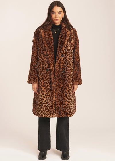 Gini London Brown Leopard Double Breasted Longline Furcoat