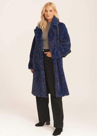 Gini London Navy Leopard Double Breasted Longline Furcoat