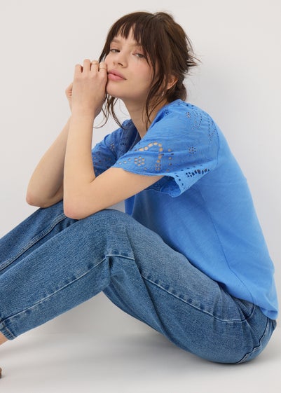 Blue Broderie Anglaise Raglan Sleeve T-Shirt