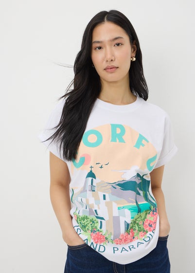 White Embellished Corfu Graphic T-Shirt