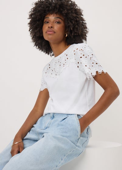 White Floral Lace Yoke T-Shirt