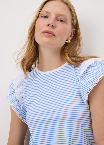 Blue Stripe Broderie Frill Sleeve T-Shirt