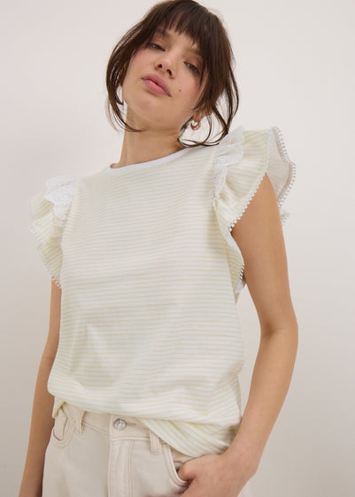 Yellow Stripe Broderie Frill Sleeve T-Shirt
