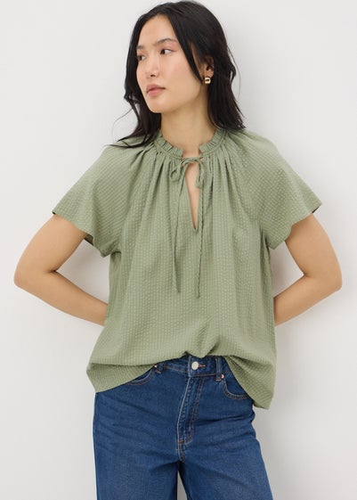 Sage Green Boho Tie Neck Short Sleeve Blouse