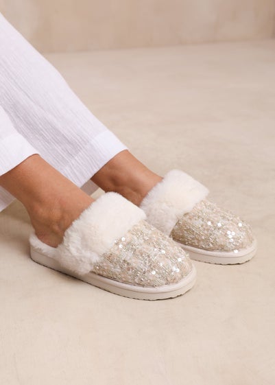 Where's That From Beige Cozy Slip On Sequin Slippers