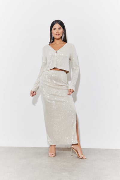 In The Style Gold Sequin Slit Midi Skirt