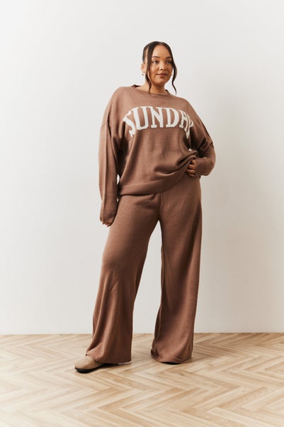 In The Style Mocha Knitted Wide Leg Co Ord Jogger