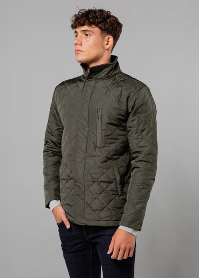 French Connection Khaki Funnel Neck Diamond Quilted Jacket