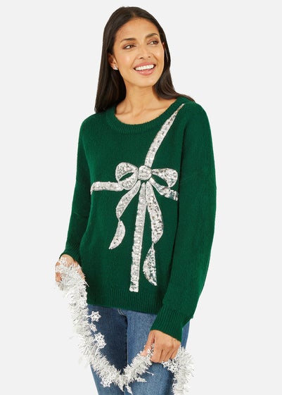 Yumi Green Sequin Bow Knitted Jumper