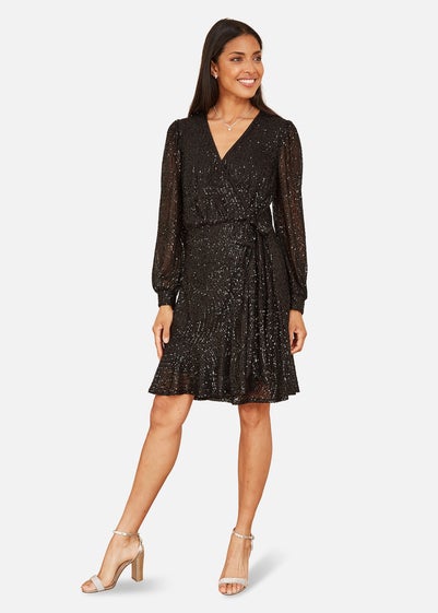 Yumi Black Sequin Long Sleeve Frill Wrap Dress