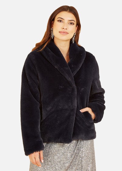 Yumi Black Short Wrap Faux Fur Coat