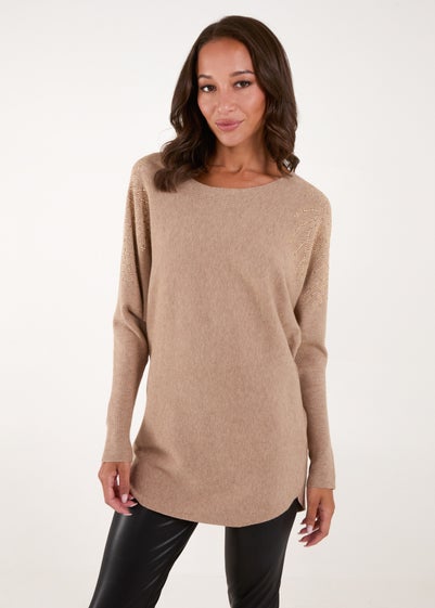 Blue Vanilla Brown Embellished Shoulder Jumper