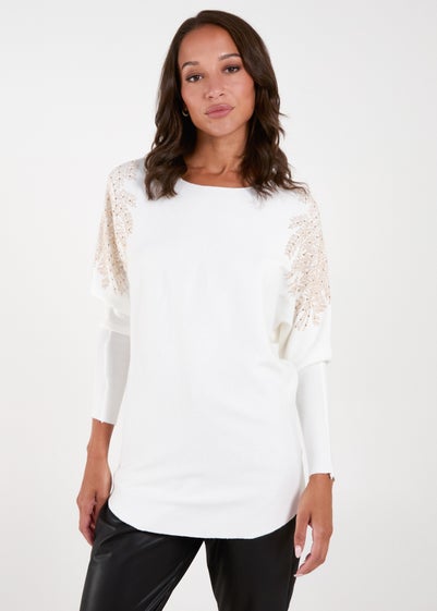 Blue Vanilla Ivory Embellished Shoulder Jumper