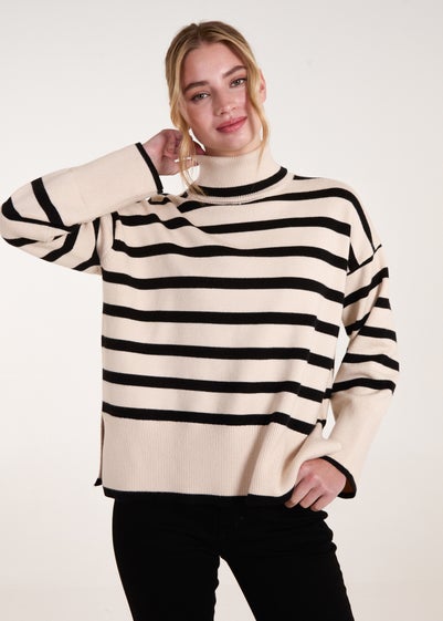 Blue Vanilla Cream Wide Stripe Roll Neck Jumper