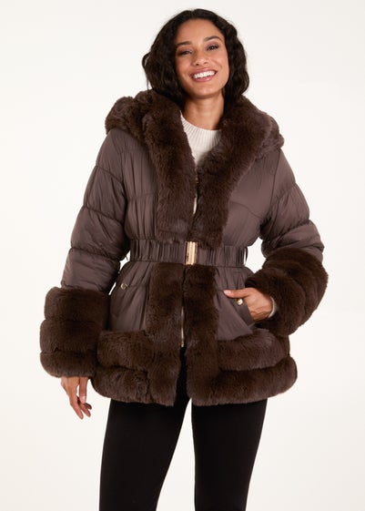 Blue Vanilla Brown Faux Fur Trim Belted Puffer Coat