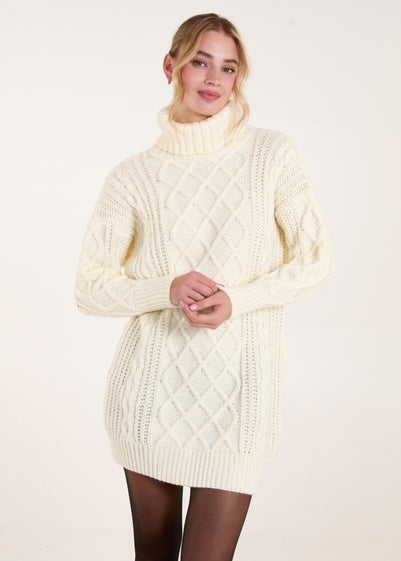 Blue Vanilla Cream Cable Knit Roll Neck Jumper Dress