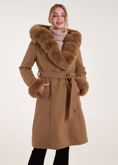 Blue Vanilla Camel Faux Fur Trim Double Breasted Coat