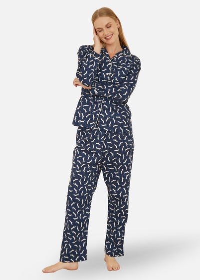 Yumi Navy Dachshund Brushed Cotton Pyjamas