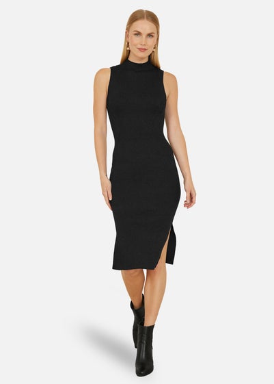 Yumi Black Metallic Fitted High Neck Midi Dress