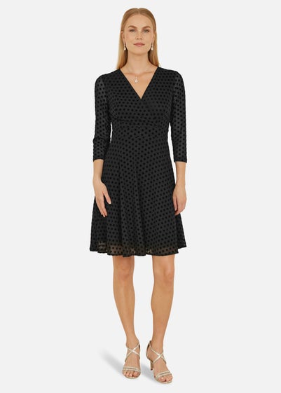 Yumi Black Velour Spot Wrap Skater Dress