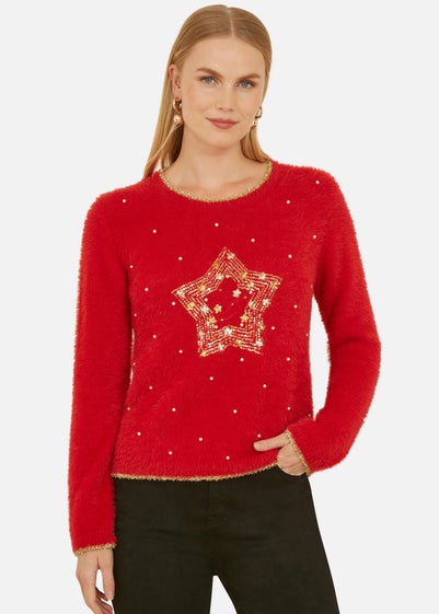 Mela Red Fluffy Star Christmas Jumper