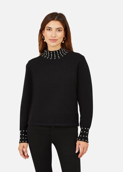 Mela Black Pearl Detail High Neck Jumper