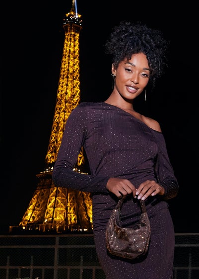 Quiz Brown Satin Diamante Bag