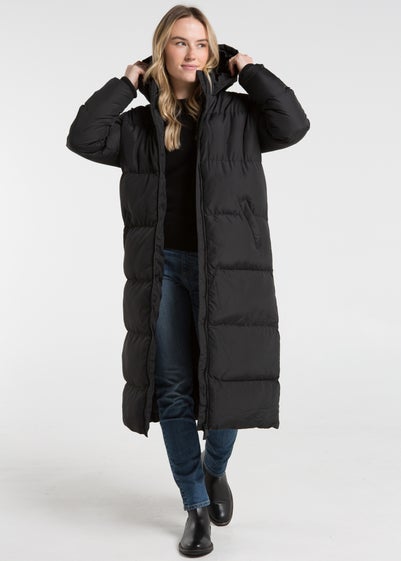 French Connection Black Longline Quilted Puffer Jacket with Hood