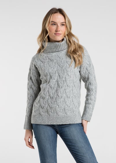 French Connection Light Grey Cable Knit Roll Neck Long Sleeve Jumper