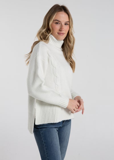 French Connection White Cable Knit Roll Neck Jumper