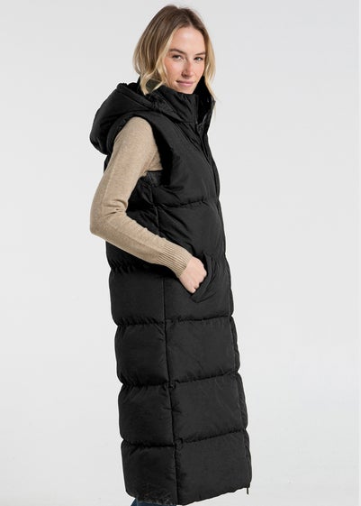 French Connection Black Longline Quilted Gilet with Hood