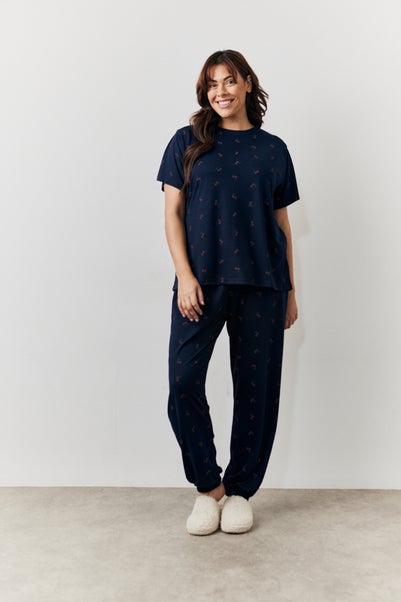 In The Style Navy Cherry Print Top & Cuff Jogger Pyjamas Set