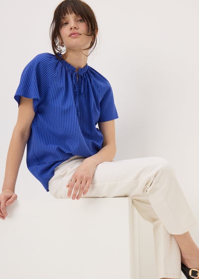 Blue Boho Tie Neck Short Sleeve Blouse