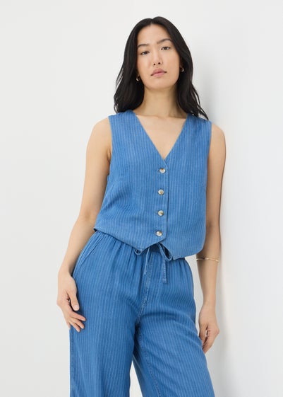 Blue Denim Pinstripe Wide Leg Co Ord Waistcoat