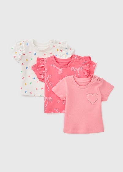 3 Pack Baby Pink Heart Bow T-Shirts (Newborn-23mths)