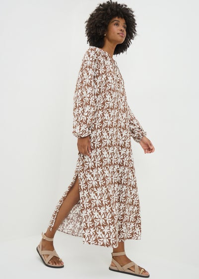 Brown Leaf Print Tunic Midaxi Dress