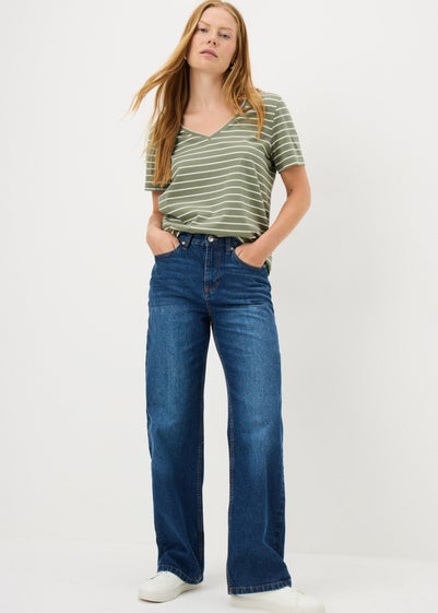 Green Stripe V Neck Regular Fit T-Shirt