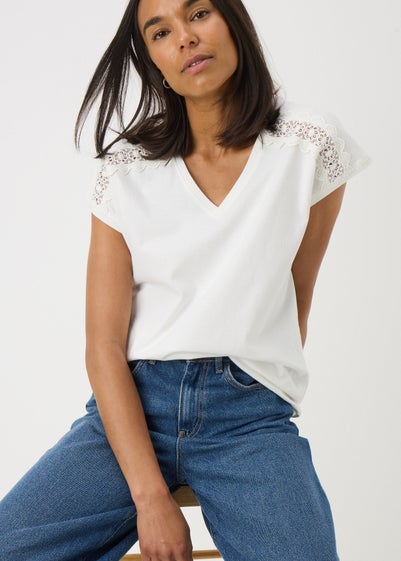 Cream Lace Trim V-Neck T-Shirt