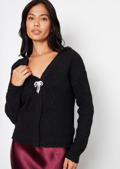 Threadbare Black Bow Detail Cable Knit Cardigan