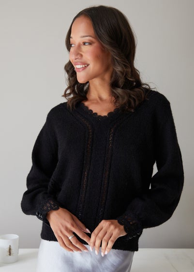 Threadbare Black Lace Trim V Neck Knitted Jumper