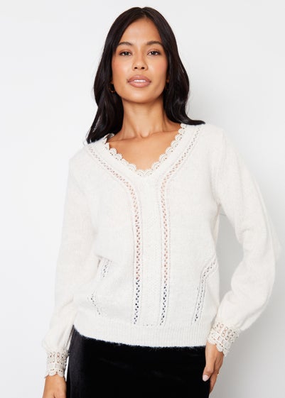 Threadbare Natural Lace Trim V Neck Knitted Jumper