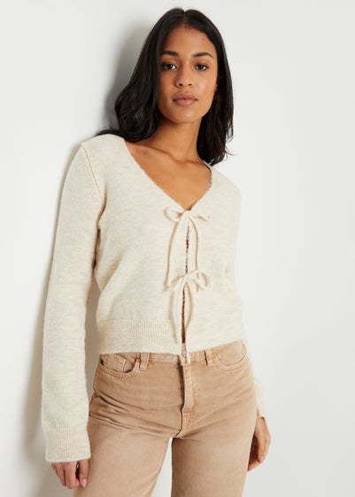 Threadbare Cream Tie Front V Neck Knitted Cardigan