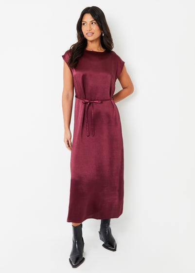 Threadbare Burgundy Belted Satin Column Maxi Dress