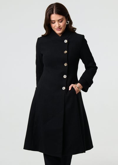 Izabel London Black Button Front Funnel Neck Coat