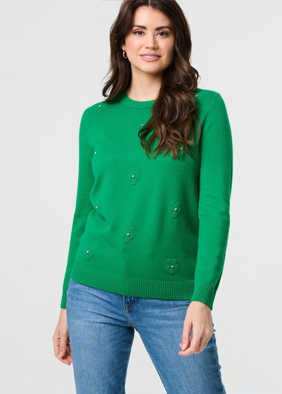 Izabel London Green Floral Gemstone Embellished Jumper