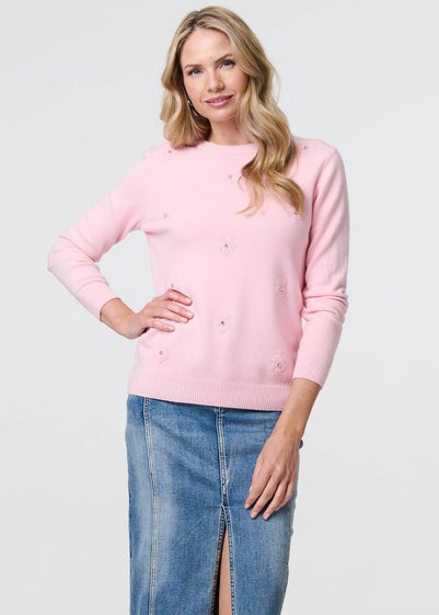 Izabel London Light Pink Floral Gemstone Embellished Jumper