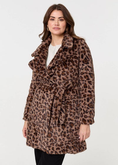 Izabel London Beige Animal Print Faux Fur Tie Waist Jacket