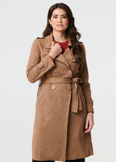 Izabel London Brown Suede Tie Waist Button Front Trench Coat